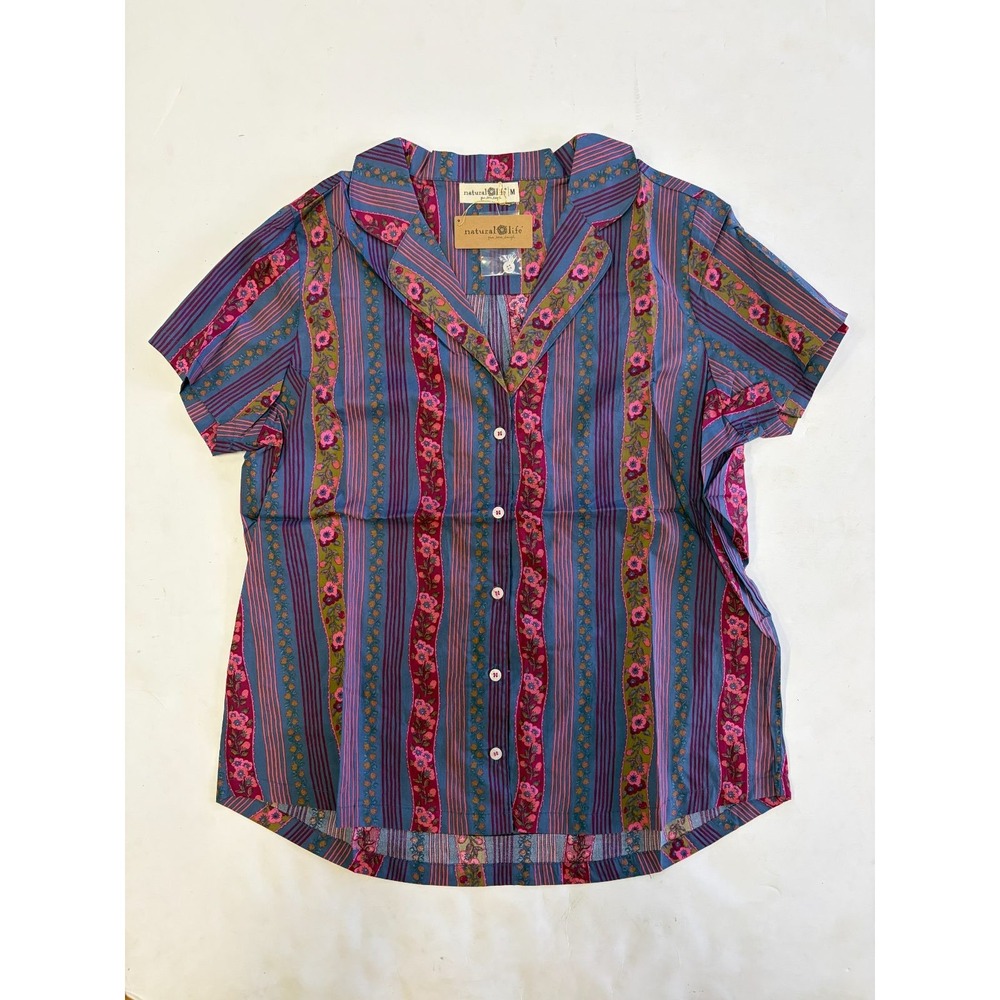 Natural Life Womens M Floral Stripe Button Up Camp Shirt Boho Cotton Blue Pink N
